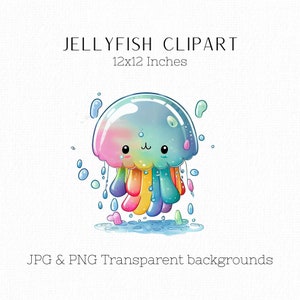 Cute Jellyfish Clipart, Jellyfish Wall Art, 12x12 Inches, Cartoon Jellyfish, Clipart for Kids, Kids Wall Art, Kids Decor, Commercial Use