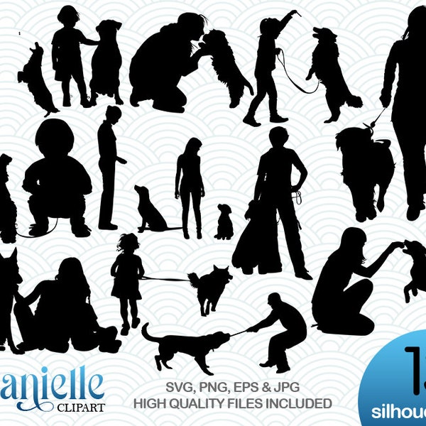 Peoples whit Dogs Silhouettes, SVG, png, eps, jpg, Cricut, Silhouette, Cameo files