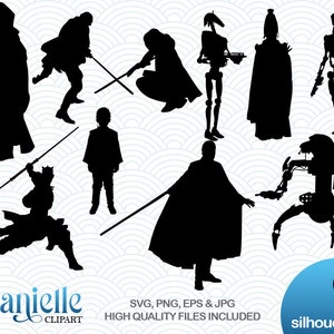 May include: Nine black silhouette images of characters from the Star Wars franchise. The characters include a Jedi, a Sith Lord, a bounty hunter, a droid, and a creature. The silhouettes are set against a white background with a blue and white pattern.