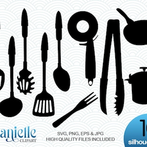May include: A set of 10 black silhouette kitchen utensil SVG cut files. The set includes a spatula, spoon, ladle, tongs, a whisk, a pasta server, a can opener, a fork, a frying pan, and a pot.