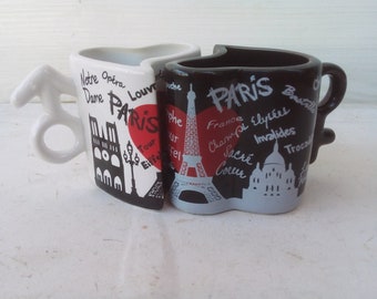Heart Shaped Mug Set of 2, Paris, Valentine's Day Vday Gift Couple His and Hers Matching Coffee Cups Bridal Wedding