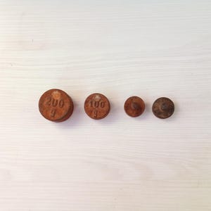 Vintage Cast Iron Weights, Set of 4 – 200g, 100g, 2x50g – Rustic Kitchen or Decor