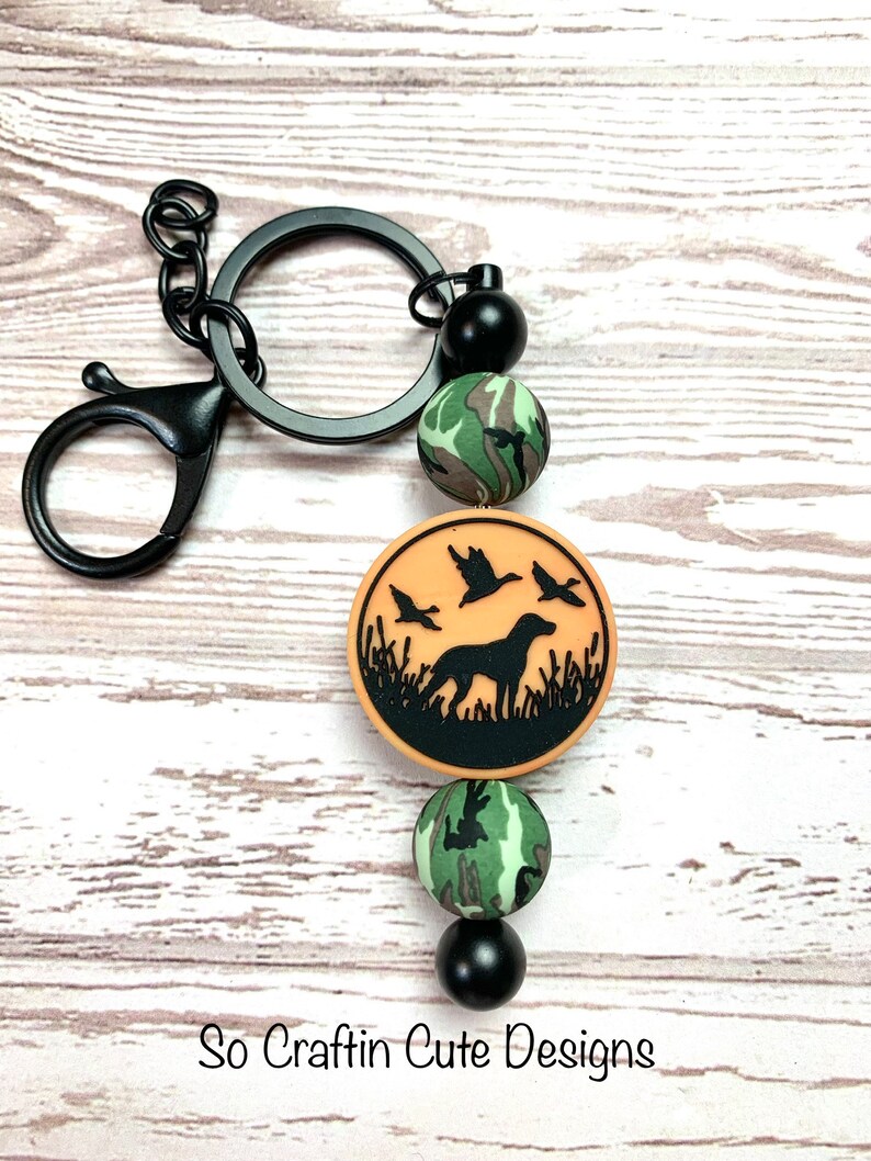 Orange Hunting Key Chain, Silicon Beads Dog and Ducks Keychain, Hunting