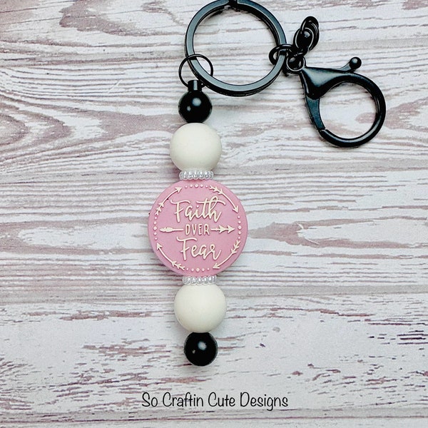 Faith over Fear Key Chain, Silicon Beads Beige and Pearls Keychain, Matte black key chain.