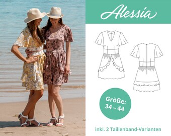 Puede incluir: Dos mujeres con vestidos de verano y sombreros están de pie en una playa. El vestido de la izquierda es amarillo con estampado floral blanco. El vestido de la derecha es rosa con estampado floral. El texto de la imagen dice "Alessia" y "Größe: 34-44" y "inkl. 2 Taillenband-Varianten".