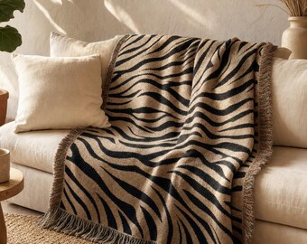 Zebra Streifen Wohndecke, Tiermuster Kuscheldecke, Neutrale Boho Deko, Baumwolldecke Sofa & Bett, Modernes Wohnzimmer Plaid