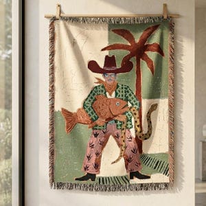 Western Woven Blanket, Cowboy Tapestry, Boho Desert Folk Art Wall Hanging, Couch Decor