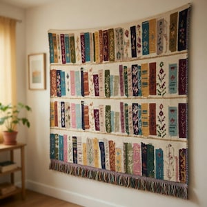 K&ouml;nnte beinhalten: Ein gewebtes Wandbehang mit einem B&uuml;cherregal voller bunter B&uuml;cher. Die B&uuml;cher sind in verschiedenen Farben gehalten, darunter Blau, Rosa, Gr&uuml;n und Orange, mit floralen und geometrischen Mustern. Der Wandteppich hat einen cremefarbenen Hintergrund und einen gefransten Saum.