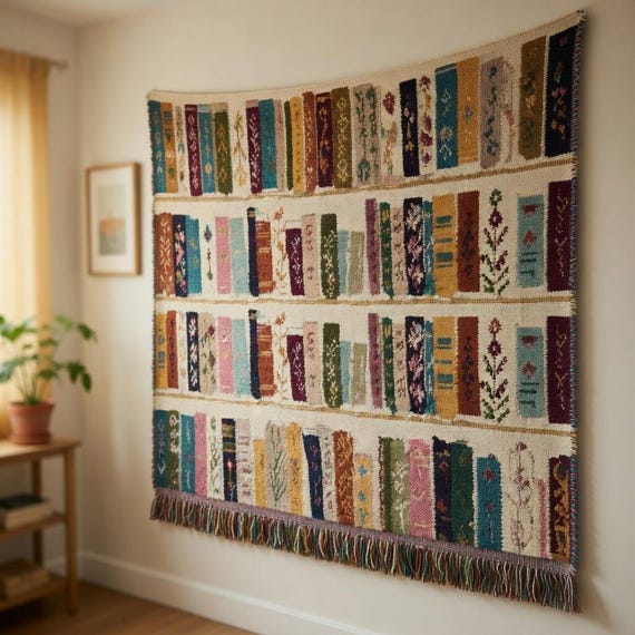 Bookshelf Woven Cotton Throw Blanket | Vintage Library Literary Decor