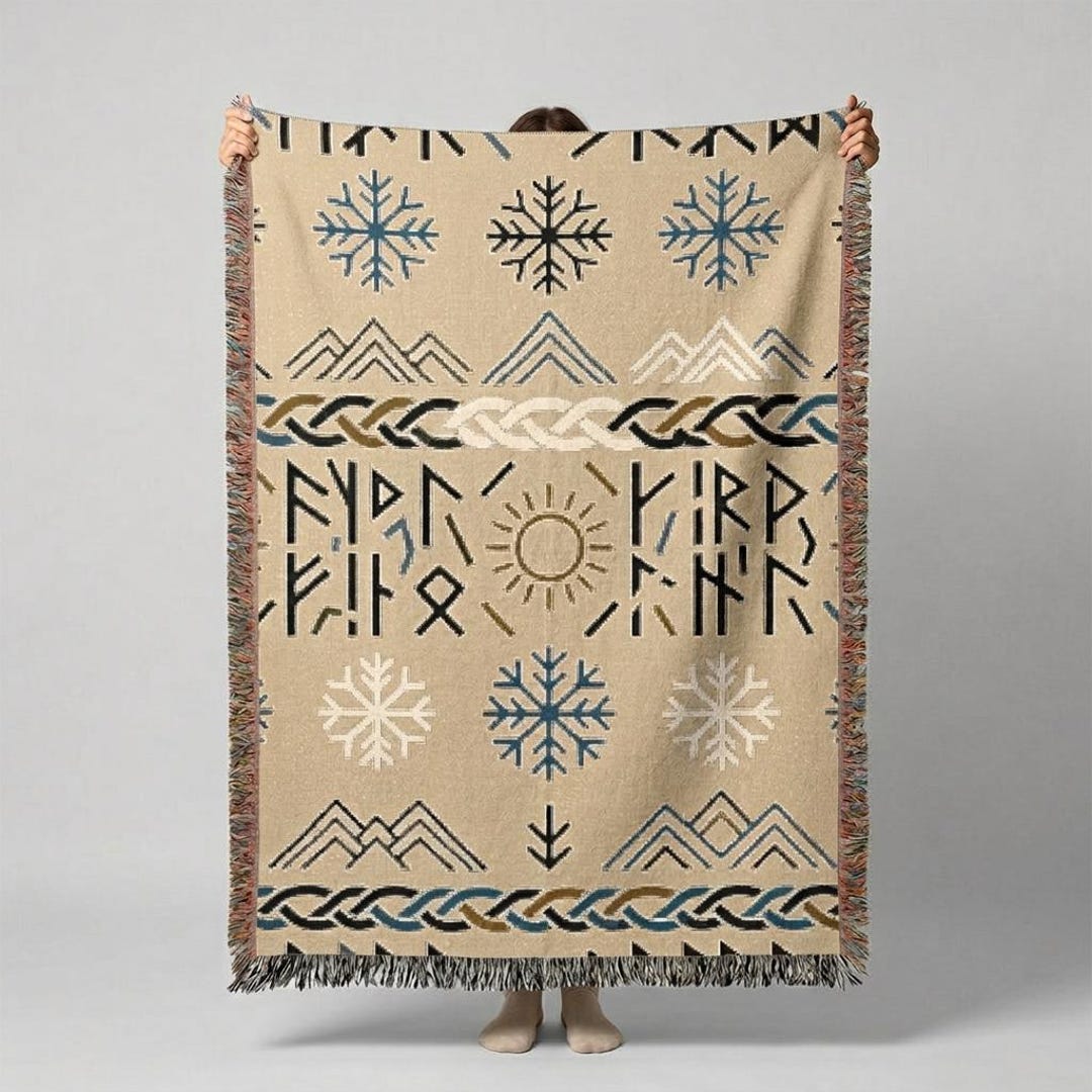 Norse Rune Woven Throw Blanket | Beige Snowflake Mountain Cotton Fringe ...