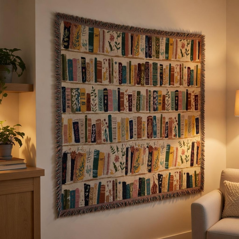 Bücherregal Gewebte Decke | Vintage Bibliothek Baumwolldecke, Literarische Dekoration Bild 4