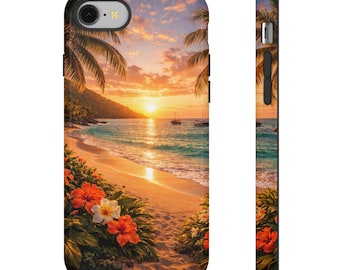 Tropical Sunset Beach Phone Case | Palm Trees, Hibiscus, Ocean Shore iPhone Cover