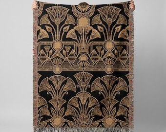 Woven Cotton Throw Blanket, Black Gold Art Deco Egyptian Lotus Tapestry