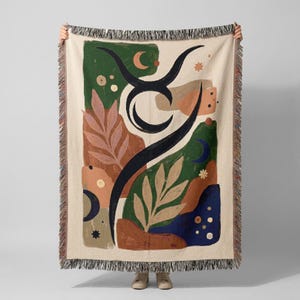Taurus Woven Throw Blanket, Celestial Bull Boho Tapestry, Cotton Sofa Decor