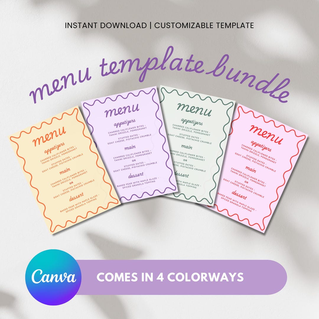 Menu Template | Editable Canva 3 Course Menu Template | 4 Colorways ...