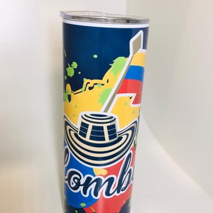Personalized thermal metal glass with COLOMBIA design, silhouette map of Colombia, Colombian words, glass for coffee or cold drinks.