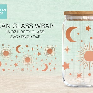 Sun Moon and Star Full Wrap for Libbey Glass Can 16oz, Coffee Glass Svg, Star and Celestial Libbey Can Svg, digital file, svg file