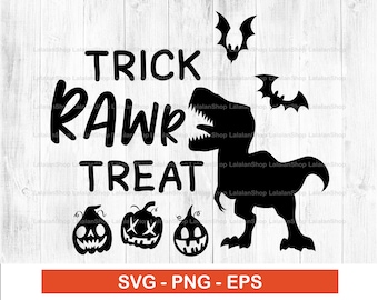 Trick Rawr Treat SVG, Bus eller godis svg, Dinosaurie svg, Rolig Halloween svg, T-Rex med pumpa svg, Halloween dinosaurie svg, png, eps