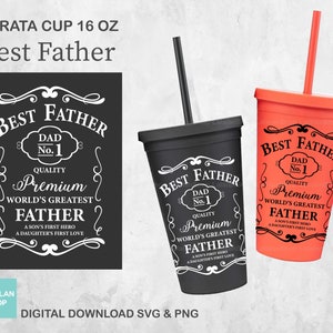 May include: Two 16 ounce black and red reusable cups with a white design that says "Best Father" with a vintage style font. The design includes the words "Dad No. 1", "Premium Quality", and "World's Greatest Father".