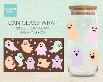 May include: A digital design featuring a set of 20 ounce glass can wraps with a ghost theme. The design includes multiple ghosts in various colors, including pink, purple, green, and orange. The ghosts are all smiling and have different expressions. The design also includes stars.