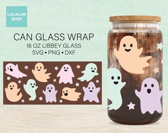May include: A digital design for a 16 oz. glass jar wrap featuring a pattern of pastel-colored ghosts and stars. The design is available in SVG, PNG, and DXF formats. CAN GLASS WRAP 16 OZ LIBBEY GLASS SVG • PNG • DXF