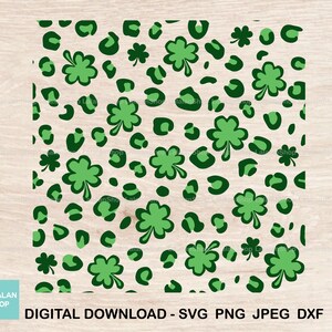 May include: A seamless pattern featuring green shamrocks and leopard print spots on a white background. This digital download is perfect for crafting projects, scrapbooking, and more.