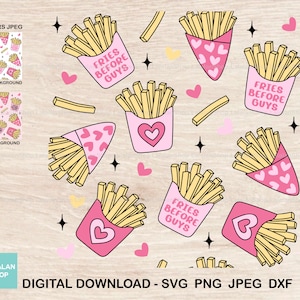 Op de afbeelding: Roze en gele digitale clip art met een cartoon-illustratie van frietjes in een roze bakje met hartjes en de tekst "Fries Before Guys".