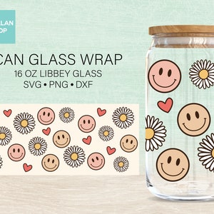 Smiley Face Daisy Can Glass Wrap SVG, Smiley And Daisy svg, Wrap for Libbey 16oz, Smiley Face svg, Daisy svg, Flower svg, Beer Can Glass svg