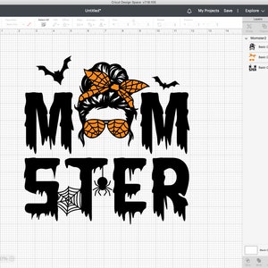 Puede incluir: Dise&ntilde;o de Halloween en negro y naranja con el texto "MOMSTER" en letras negras que gotean. La "O" de "MOM" se reemplaza por una imagen de dibujos animados de una mujer con un mo&ntilde;o desordenado, que lleva gafas de sol naranjas con un patr&oacute;n de telara&ntilde;a y una diadema negra con una bandana naranja.