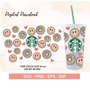 Smiley Face Daisy Wrap For Starbucks Cold Cup 24oz, Smiley And Daisy svg, Smiley Face svg, Daisy svg, Flower svg