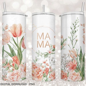 MAMA Floral Mom Print Sublimation Tumbler, Mom Tumbler Wrap, Seamless Floral Tumbler Design, 20oz Skinny Tumbler Wraps Templates - PNG