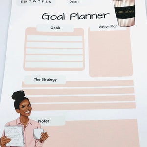 Peut inclure: Un planificateur de buts imprimable avec un fond rose et une illustration de dessin anim&eacute; d'une femme tenant une tasse de caf&eacute;. Le planificateur comprend des sections pour les objectifs, le plan d'action, la strat&eacute;gie et les notes. Le texte "Girl Boss" est imprim&eacute; sur la tasse de caf&eacute;.