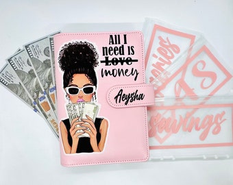 Black girl budget binder, personalized monthly budget planner, cash envelopes, A6 budget wallet, budget book