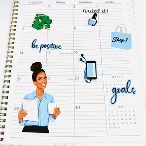 May include: A monthly planner with stickers. The stickers include a stack of money, a nail polish bottle, a shopping bag, a woman with a coffee cup and a book, and a calendar with the word "goals" written on it.