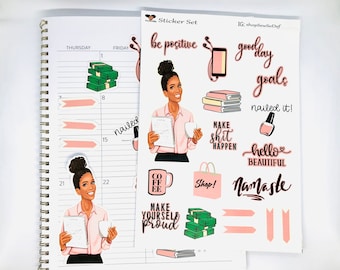 May include: A sticker set with a pink and black color scheme featuring motivational quotes, illustrations of a woman, stacks of money, and a coffee cup. The stickers include phrases like "be positive", "good day goals", "nailed it!" and "make shit happen".