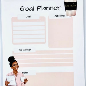 Peut inclure: Un planificateur de buts imprimable avec un fond rose et une illustration de dessin anim&eacute; d'une femme tenant une tasse de caf&eacute;. Le planificateur comprend des sections pour les objectifs, le plan d'action, la strat&eacute;gie et les notes. Le texte "Girl Boss" est imprim&eacute; sur la tasse de caf&eacute;.