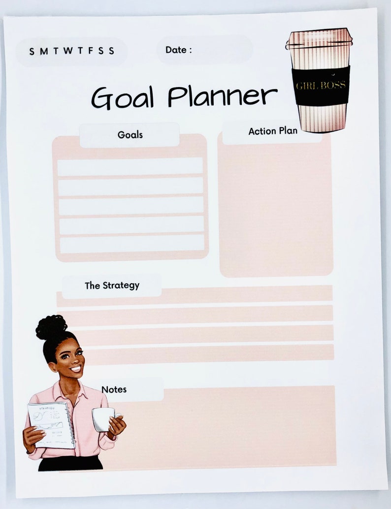 Peut inclure: Un planificateur de buts imprimable avec un fond rose et une illustration de dessin anim&eacute; d'une femme tenant une tasse de caf&eacute;. Le planificateur comprend des sections pour les objectifs, le plan d'action, la strat&eacute;gie et les notes. Le texte "Girl Boss" est imprim&eacute; sur la tasse de caf&eacute;.