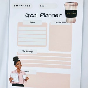 Peut inclure: Un planificateur de buts imprimable avec un sch&eacute;ma de couleurs rose et blanc. Le planificateur comprend des sections pour les objectifs, le plan d'action, la strat&eacute;gie et les notes. Il pr&eacute;sente une illustration de dessin anim&eacute; d'une femme avec une tasse de caf&eacute; et le texte "Girl Boss".