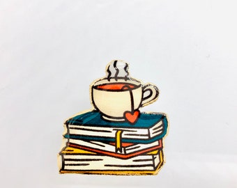 Tea books pin, book lovers pin, books and tea pin, croc pin, I love books pin, sipping tea reading books pin, gold trim pin, brooch