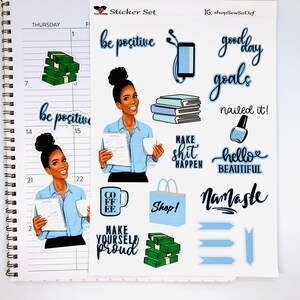May include: A set of 14 blue and black planner stickers featuring illustrations of a woman, coffee cups, stacks of money, and motivational phrases like "be positive", "make shit happen", "nailed it!" and "hello beautiful".