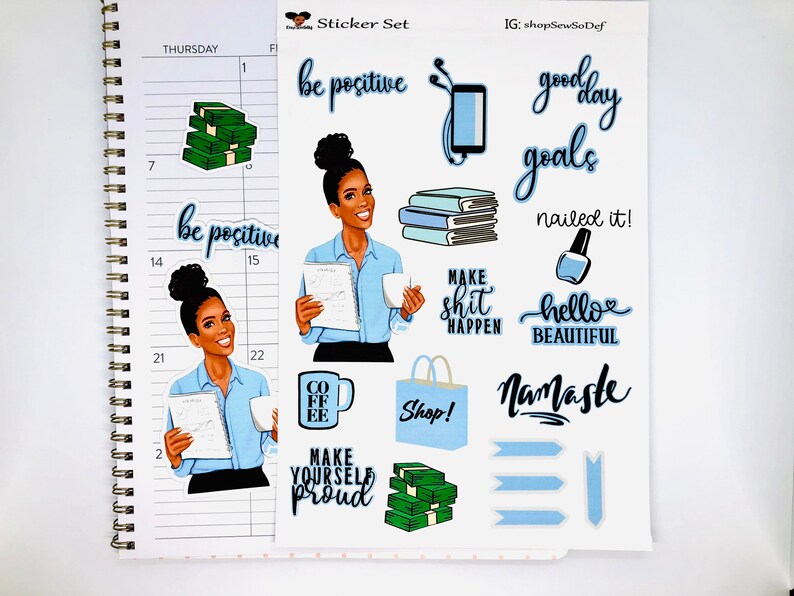 May include: A set of 14 blue and black planner stickers featuring illustrations of a woman, coffee cups, stacks of money, and motivational phrases like "be positive", "make shit happen", "nailed it!" and "hello beautiful".
