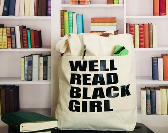 Well read black girl tote bag, African American book tote, gift  for book club, canvas book tote with pockets, Christmas gift idea, book bag