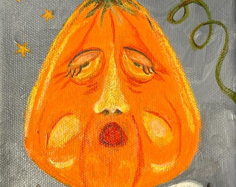Sleepy Pumpkin is an original painting ready to hang on the wall or can sit among your treasurers on a flat surface.