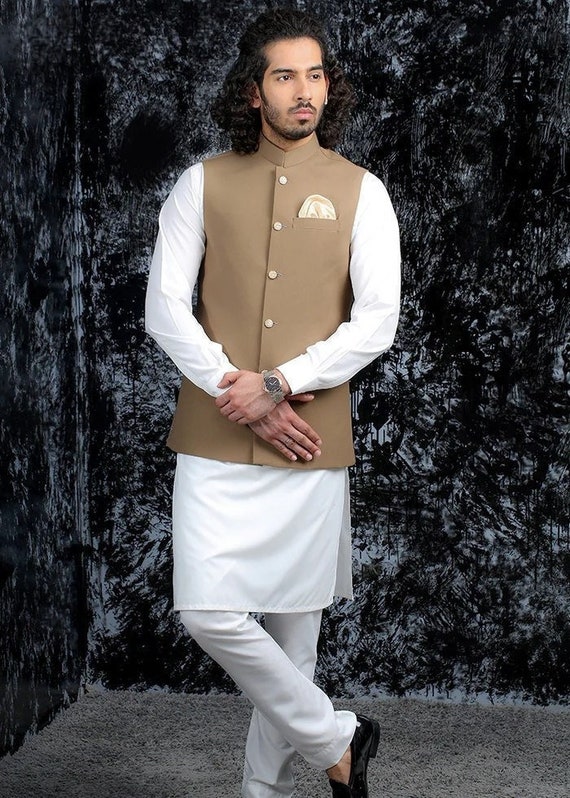 NawabSahabIndia Brown Vest Kurta Pajama Jacket Brown Waistcoat Groomsmen Kurta Mehndi Outfit Brown Jacket Men Kurta Pajama Groomsman Wedding Kurta Pajama