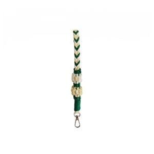 May include: A macrame wrist strap in green, white, and cream colors. The strap features a braided top section, two decorative floral knots, and a silver-colored clasp. The strap is designed to be attached to a keychain or other small items.