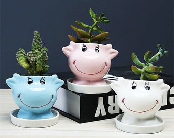 Set of 3 Ceramic Cow Succulent Planters - Cute Planter - Cactus Plant Pot - Small Succulent Plant Pot - Cow Plant Pot