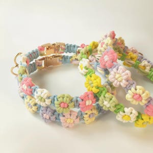 Peut inclure: Deux colliers pour animaux en corde aux tons pastel, ornés d'un motif de fleurs marguerites répétitif dans des nuances de rose, jaune, vert, bleu et crème. Chaque collier comprend une boucle à déclenchement latéral en métal doré et un anneau en D.