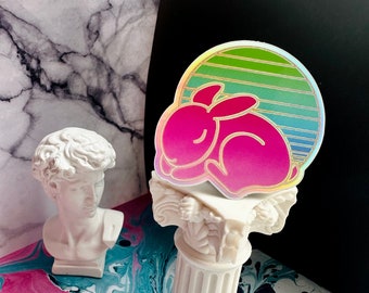 Pegatina holográfica de conejo, "Bebé al atardecer", pegatina de synthwave, pegatina de vaporwave, papelería lofi, material estético para scrapbooking