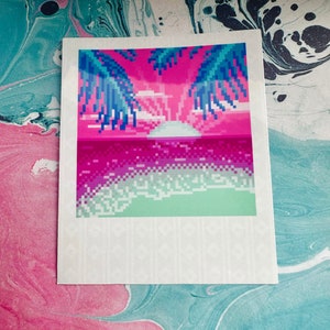 Pink Sunset Vinyl Sticker, Pixel Art, Vaporwave Sticker, Aesthetic Stickers, Webcore Stickers, Scrapbook Stickers, Lofi Art, Beach Art