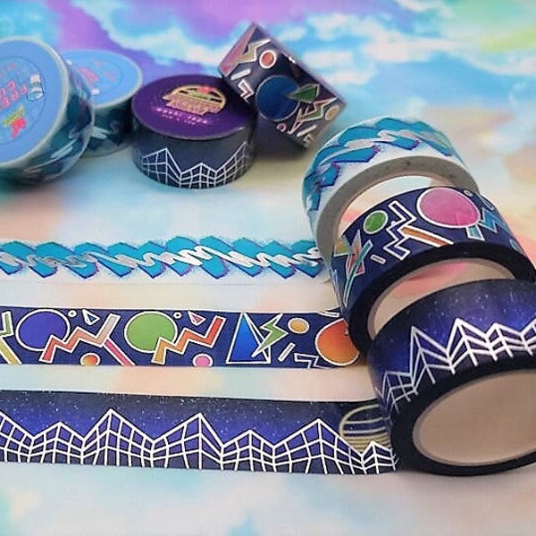 Nostalgia Washi Tape Pack | "Fresh Cup", "Synthwave" and "Arcade Floor" | 10m x 2cm | Silver Foil | 80's/90's Nostalgia